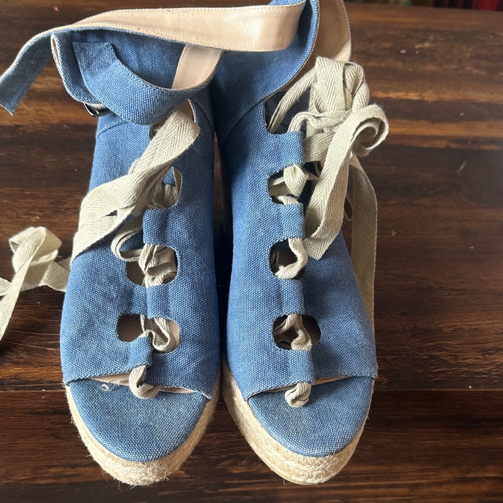 Castaner Blue Canvas Espadrille Wedge Sandals with Ankle Wrap